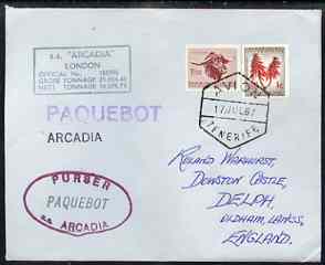 South Africa used in Tenerife 1968 Paquebot cover to England carried on SS Arcadia with various paquebot and ships cachets, stamps on paquebot