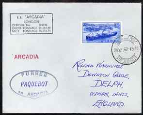 India used in Cape Town (South Africa) 1967 Paquebot cover to England carried on SS Arcadia with various paquebot and ships cachets, stamps on paquebot