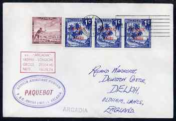 Nauru used in Balboa (Canal Zone) 1968 Paquebot cover to England carried on SS Arcadia with various paquebot and ships cachets, stamps on paquebot