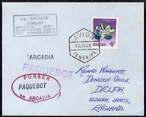 Nauru used in Tenerife 1967 Paquebot cover to England carried on SS Arcadia with various paquebot and ships cachets, stamps on paquebot