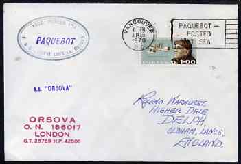 Portugal used in Vancouver (Canada) 1970 Paquebot cover to England carried on SS Orsova with various paquebot and ships cachets, stamps on paquebot