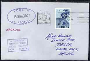Portugal used in Brisbane (Queensland) 1968 Paquebot cover to England carried on SS Arcadia with various paquebot and ships cachets, stamps on paquebot