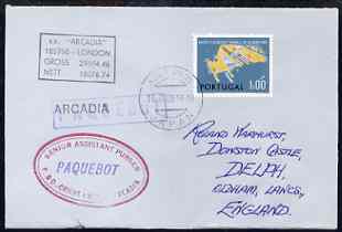 Portugal used in Kobe (Japan) 1968 Paquebot cover to England carried on SS Arcadia with various paquebot and ships cachets, stamps on paquebot