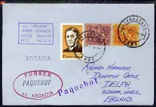 Portugal used in Tarragona (Spain) 1968 Paquebot cover to England carried on SS Arcadia with various paquebot and ships cachets, stamps on paquebot