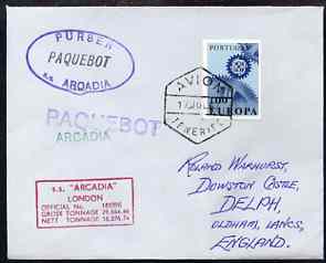 Portugal used in Tenerife 1968 Paquebot cover to England carried on SS Arcadia with various paquebot and ships cachets, stamps on paquebot