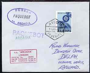 Portugal used in Tenerife 1968 Paquebot cover to England carried on SS Arcadia with various paquebot and ships cachets, stamps on paquebot