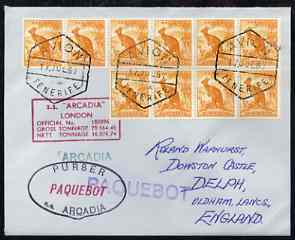 Australia used in Tenerife 1967 Paquebot cover to England carried on SS Arcadia with various paquebot and ships cachets, stamps on paquebot