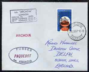 Australia used in Cape Town (South Africa) 1967 Paquebot cover to England carried on SS Arcadia with various paquebot and ships cachets, stamps on paquebot