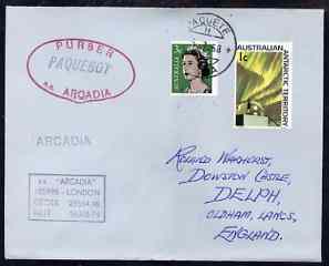 Australia used in Lisbon (Portugal) 1968 Paquebot cover to England carried on SS Arcadia with various paquebot and ships cachets, stamps on paquebot