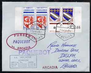 France used in Tenerife 1967 Paquebot cover to England carried on SS Arcadia with various paquebot and ships cachets, stamps on paquebot