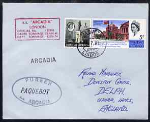 Trinidad & Tobago used in Lisbon (Portugal) 1967 Paquebot cover to England carried on SS Arcadia with various paquebot and ships cachets, stamps on paquebot