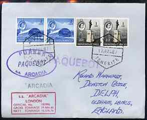 Trinidad & Tobago used in Tenerife 1967 Paquebot cover to England carried on SS Arcadia with various paquebot and ships cachets, stamps on , stamps on  stamps on paquebot
