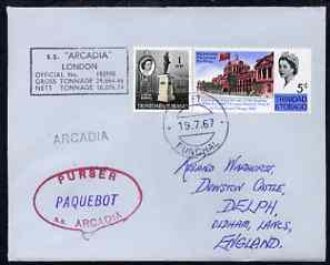 Trinidad & Tobago used in Funchal (Portugal) 1967 Paquebot cover to England carried on SS Arcadia with various paquebot and ships cachets, stamps on , stamps on  stamps on paquebot