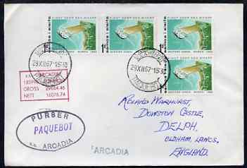 Samoa used in Cape Town (South Africa) 1967 Paquebot cover to England carried on SS Arcadia with various paquebot and ships cachets, stamps on paquebot