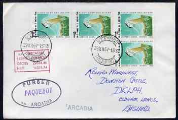 Samoa used in Cape Town (South Africa) 1967 Paquebot cover to England carried on SS Arcadia with various paquebot and ships cachets, stamps on , stamps on  stamps on paquebot