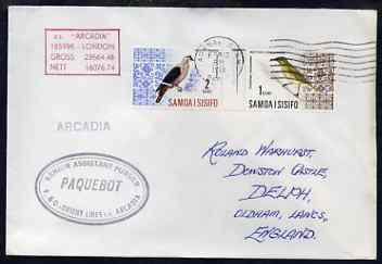 Samoa used in Agana (Guam) 1968 Paquebot cover to England carried on SS Arcadia with various paquebot and ships cachets, stamps on paquebot