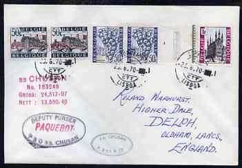 Belgium used in Lisbon (Portugal) 1970 Paquebot cover to England carried on SS Chusan with various paquebot and ships cachets, stamps on paquebot