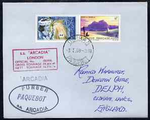 French Polynesia used in Durban (South Africa) 1968 Paquebot cover to England carried on SS Arcadia with various paquebot and ships cachets, stamps on paquebot