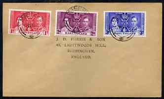Basutoland 1937 KG6 Coronation set of 3 on cover with first day cancel addressed to the forger, J D Harris.  Harris was imprisoned for 9 months after Robson Lowe exposed ..., stamps on , stamps on  kg6 , stamps on forgery, stamps on forger, stamps on forgeries, stamps on coronation
