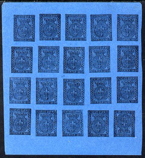 Italy - Parma 1852 issue Spiro Forgery complete imperf sheet of 25 x 40c black on blue 'unused', stamps on , stamps on  stamps on italy - parma 1852 issue spiro forgery complete imperf sheet of 25 x 40c black on blue 'unused'