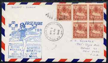 United States 1949 First Flight cover to Switzerland (Detroit to Zurich) with special FAM 27 cachet , stamps on 