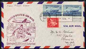 United States 1949 First Flight cover to Switzerland (Washingtom to Zurich) with special FAM 27 cachet , stamps on , stamps on  stamps on united states 1949 first flight cover to switzerland (washingtom to zurich) with special fam 27 cachet 