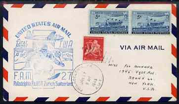 United States 1949 First Flight cover to Switzerland (Philadelphia to Zurich) with special FAM 27 cachet , stamps on , stamps on  stamps on united states 1949 first flight cover to switzerland (philadelphia to zurich) with special fam 27 cachet 
