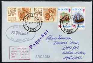 Mexico used in Tarragona (Spain) 1968 Paquebot cover to England carried on SS Arcadia with various paquebot and ships cachets, stamps on paquebot
