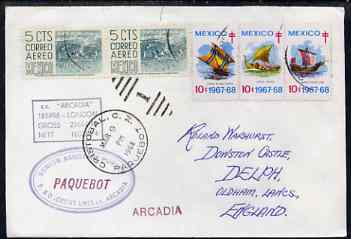 Mexico used in Cristobal (Canal Zone) 1968 Paquebot cover to England carried on SS Arcadia with various paquebot and ships cachets, stamps on paquebot