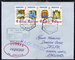 Mexico used in Tenerife 1967 Paquebot cover to England carried on SS Arcadia with various paquebot and ships cachets, stamps on paquebot