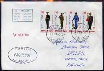 Mexico used in Durban (South Africa) 1968 Paquebot cover to England carried on SS Arcadia with various paquebot and ships cachets, stamps on paquebot