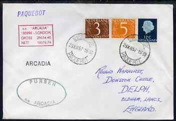 Netherlands used in Cape Town (South Africa) 1967 Paquebot cover to England carried on SS Arcadia with various paquebot and ships cachets, stamps on paquebot