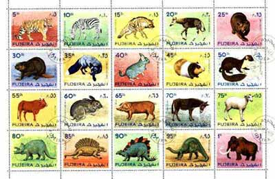 Fujeira 1972 Animals (incl Prehistoric) cto used sheetlet containing 20 values, Mi 1201-20 , stamps on animals   dinosaurs