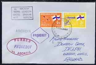 Netherlands Antilles used in Sydney (New South Wales) 1968 Paquebot cover to England carried on SS Arcadia with various paquebot and ships cachets, stamps on , stamps on  stamps on paquebot