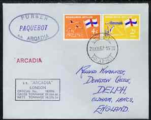 Netherlands Antilles used in Cape Town (South Africa) 1967 Paquebot cover to England carried on SS Arcadia with various paquebot and ships cachets, stamps on paquebot