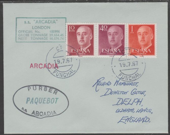 Spain used in Funchal (Portugal) 1967/8 Paquebot cover to England carried on SS Arcadia with various paquebot and ships cachets, stamps on paquebot