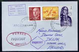 Spain used in Sydney (New South Wales) 1968 Paquebot cover to England carried on SS Arcadia with various paquebot and ships cachets, stamps on , stamps on  stamps on paquebot