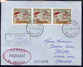 Spain used in Durban (South Africa) 1968 Paquebot cover to England carried on SS Arcadia with various paquebot and ships cachets, stamps on paquebot