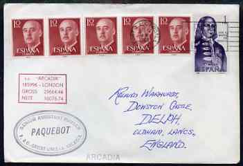 Spain used in Fort Lauderdale (Florida) 1968 Paquebot cover to England carried on SS Arcadia with various paquebot and ships cachets, stamps on , stamps on  stamps on paquebot