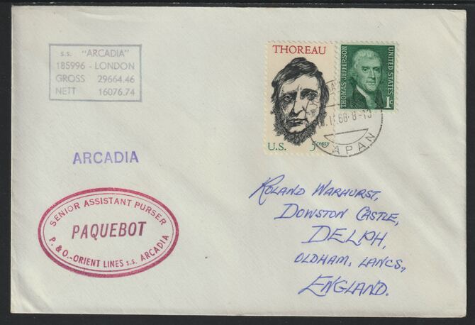 United States used in Yokohama (Japan) 1968 Paquebot cover to England carried on SS Arcadia with various paquebot and ships cachets, stamps on , stamps on  stamps on paquebot