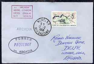 United States used in Noumea (New Caledonia) 1968 Paquebot cover to England carried on SS Arcadia with various paquebot and ships cachets, stamps on paquebot