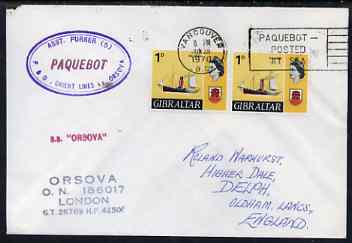 Gibraltar used in Vancouver (Canada) 1970 Paquebot cover to England carried on SS Orsova with various paquebot and ships cachets, stamps on paquebot