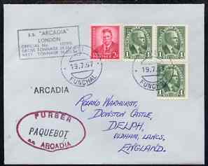 Canal Zone used in Funchal (Portugal) 1967 Paquebot cover to England carried on SS Arcadia with various paquebot and ships cachets, stamps on paquebot