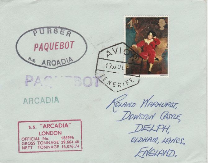 Great Britain used in Tenerife 1967 Paquebot cover to England carried on SS Arcadia with various paquebot and ships cachets, stamps on paquebot