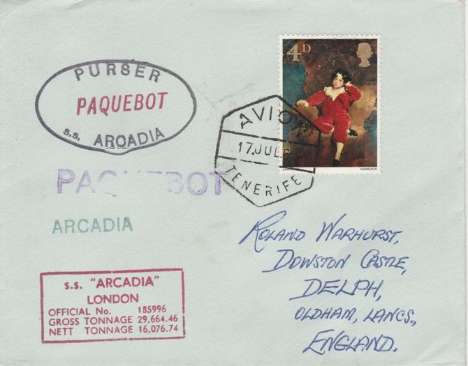 Great Britain used in Tenerife 1967 Paquebot cover to England carried on SS Arcadia with various paquebot and ships cachets, stamps on , stamps on  stamps on paquebot
