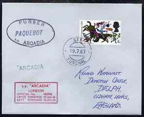 Great Britain used in Funchal (Portugal) 1967 Paquebot cover to England carried on SS Arcadia with various paquebot and ships cachets, stamps on paquebot