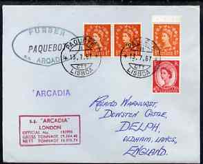 Great Britain used in Lisbon (Portugal) 1969/70 Paquebot cover to England carried on SS Arcadia with various paquebot and ships cachets, stamps on paquebot