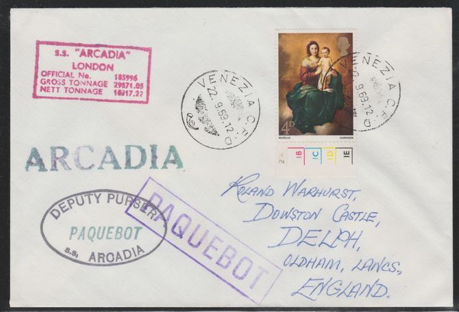 Great Britain used in Venice (Italy) 1969 Paquebot cover to England carried on SS Arcadia with various paquebot and ships cachets, stamps on , stamps on  stamps on paquebot