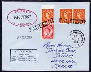 Great Britain used in Casablanca (Morocco) 1968 Paquebot cover to England carried on SS Arcadia with various paquebot and ships cachets, stamps on paquebot