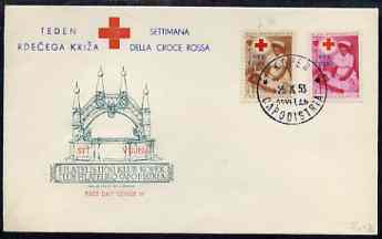 Yugoslavia - Trieste 1953 Red Cross Postage & Postage Due on illustrated unaddressed cover with first day cancels, the Postage with Red Cross Doubled, stamps on , stamps on  stamps on yugoslavia - trieste 1953 red cross postage & postage due on illustrated unaddressed cover with first day cancels, stamps on  stamps on  the postage with red cross doubled